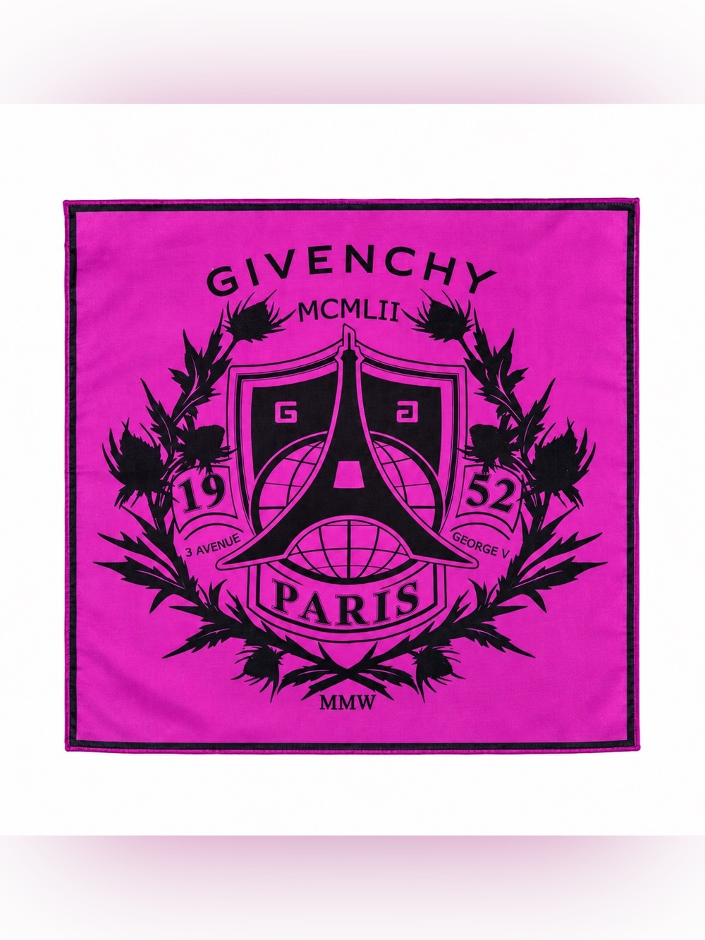 Givenchy Paris Crest Logo Square Scarf Purple Black 100% Cotton 17.55